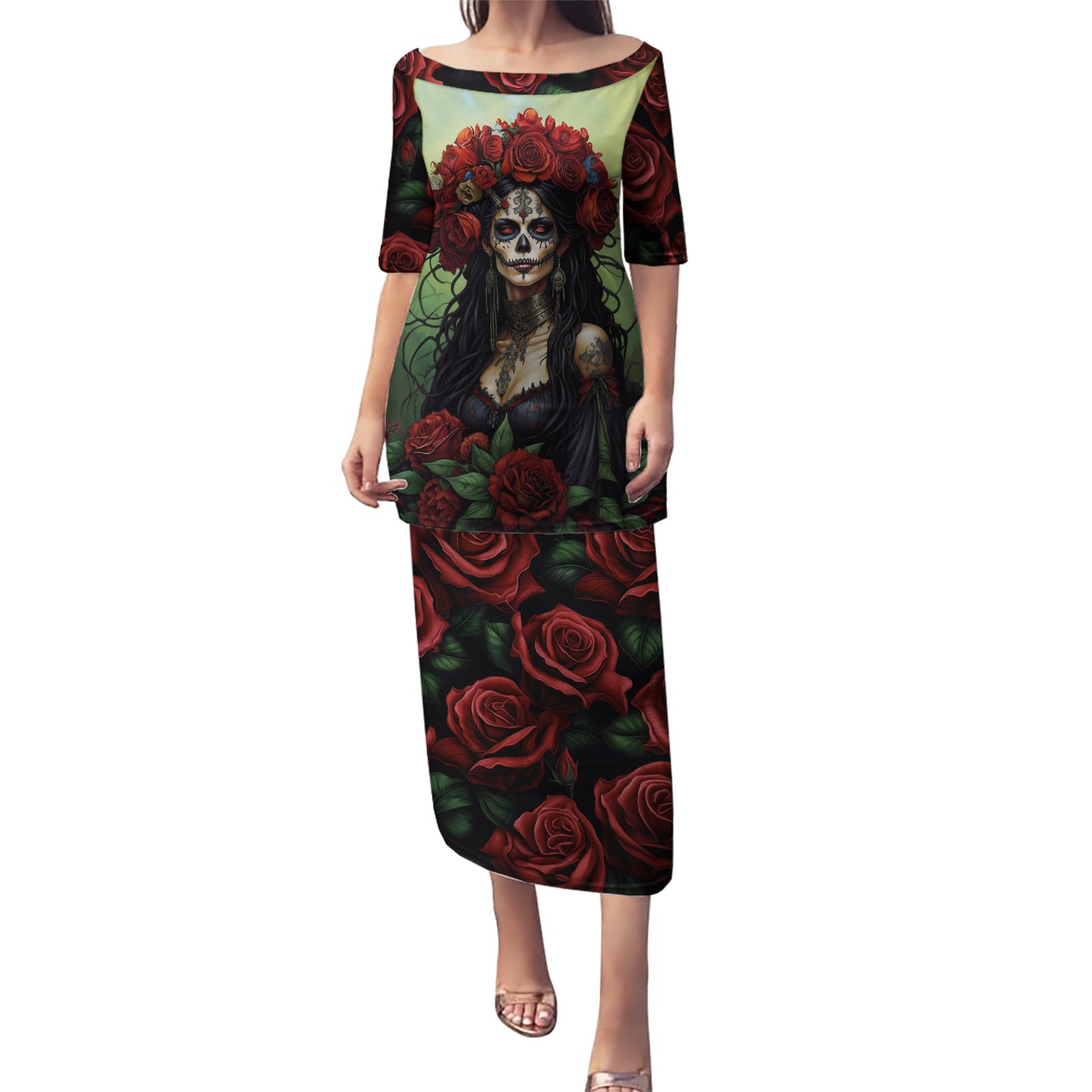Day of Dead Lady Puletasi Sugar Skull Rose Lady - Wonder Print Shop
