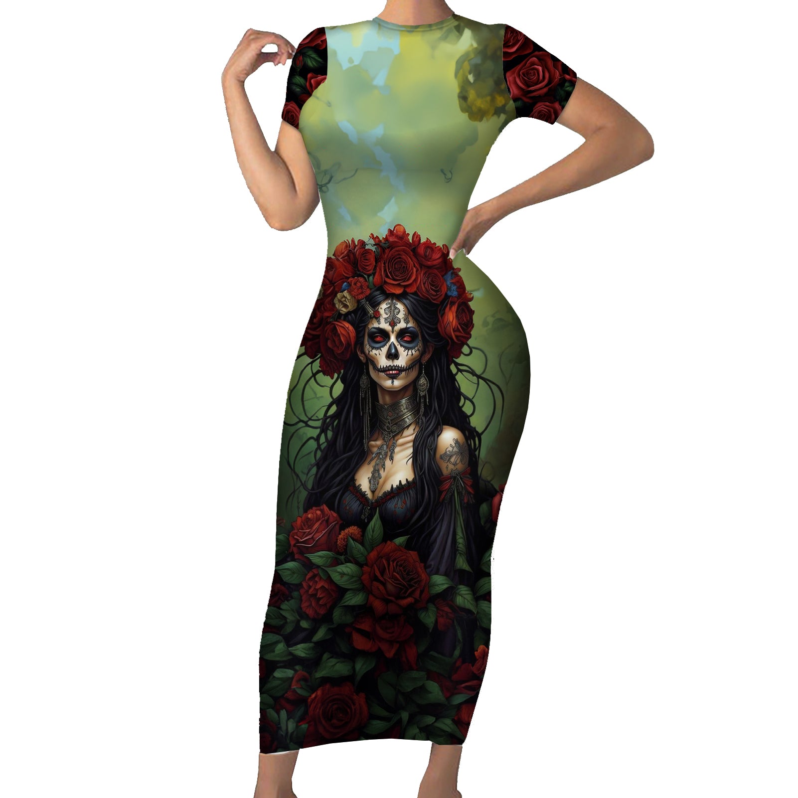 Day of Dead Lady Short Sleeve Bodycon Dress Sugar Skull Rose Lady - Wonder Print Shop