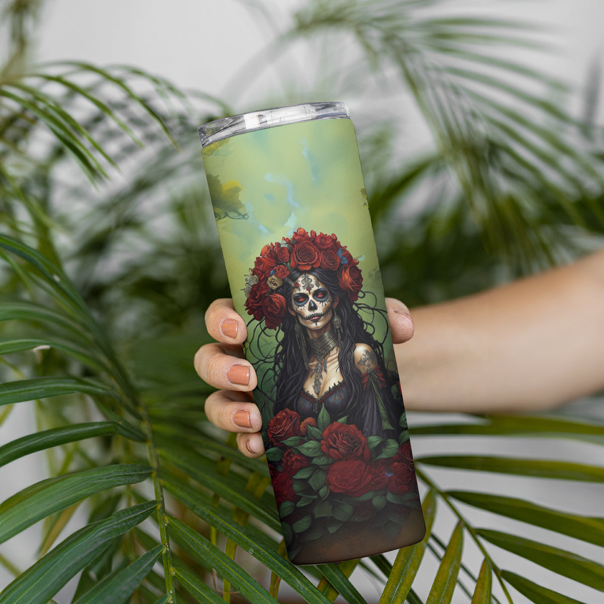Day of Dead Lady Skinny Tumbler Sugar Skull Rose Lady - Wonder Print Shop