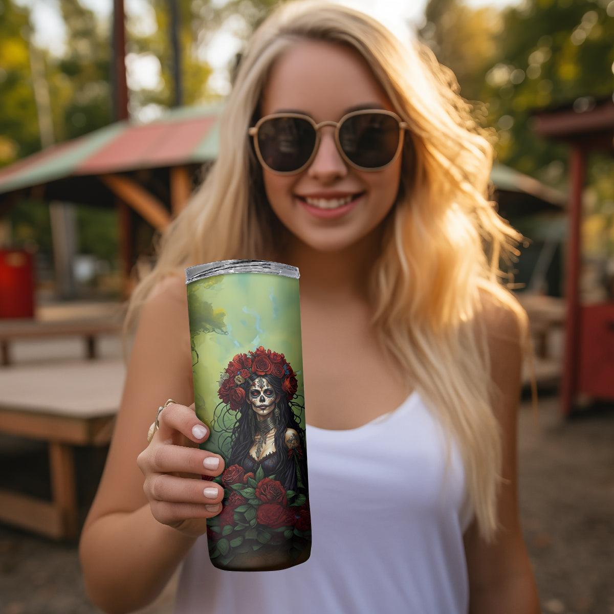 Day of Dead Lady Skinny Tumbler Sugar Skull Rose Lady - Wonder Print Shop