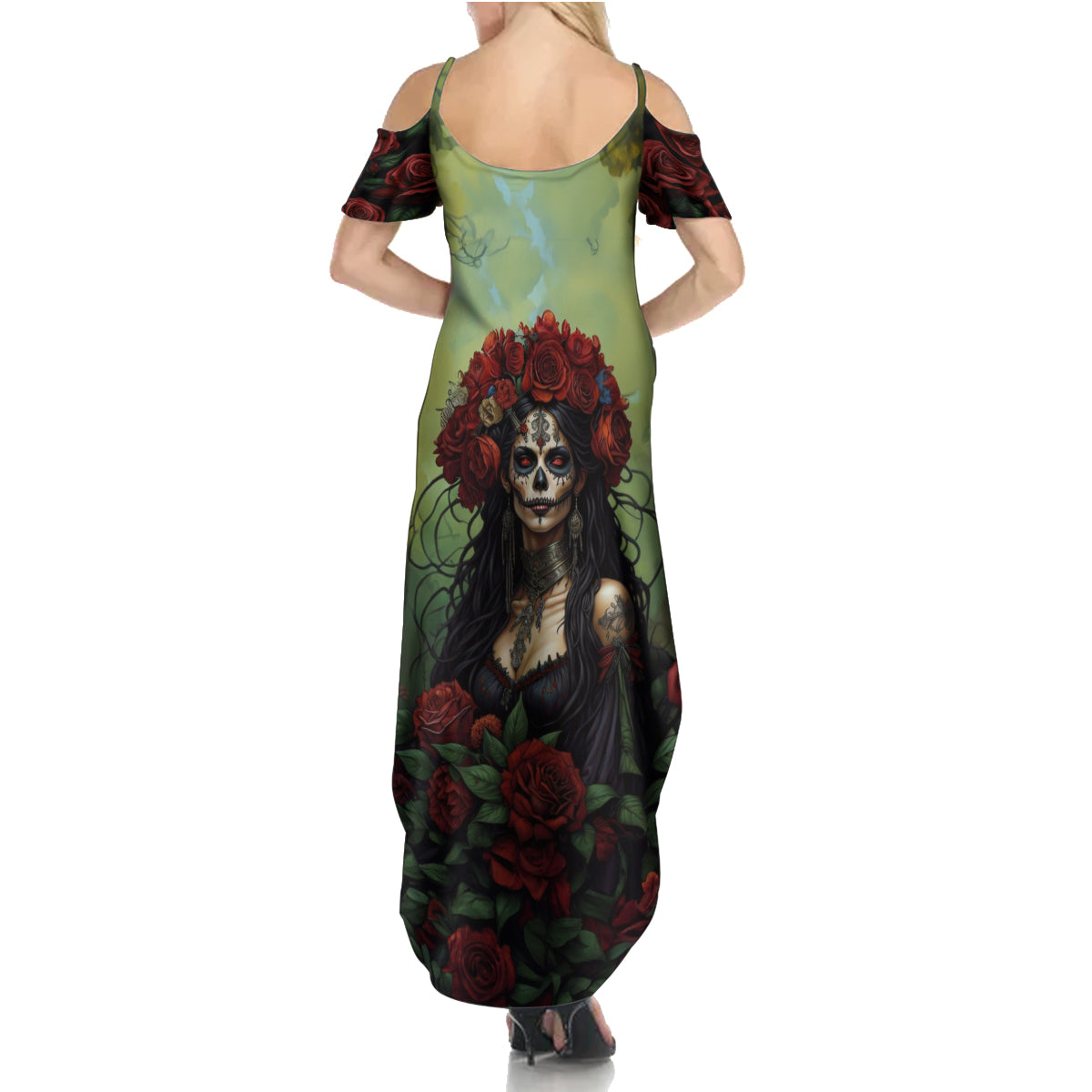 Day of Dead Lady Summer Maxi Dress Sugar Skull Rose Lady - Wonder Print Shop