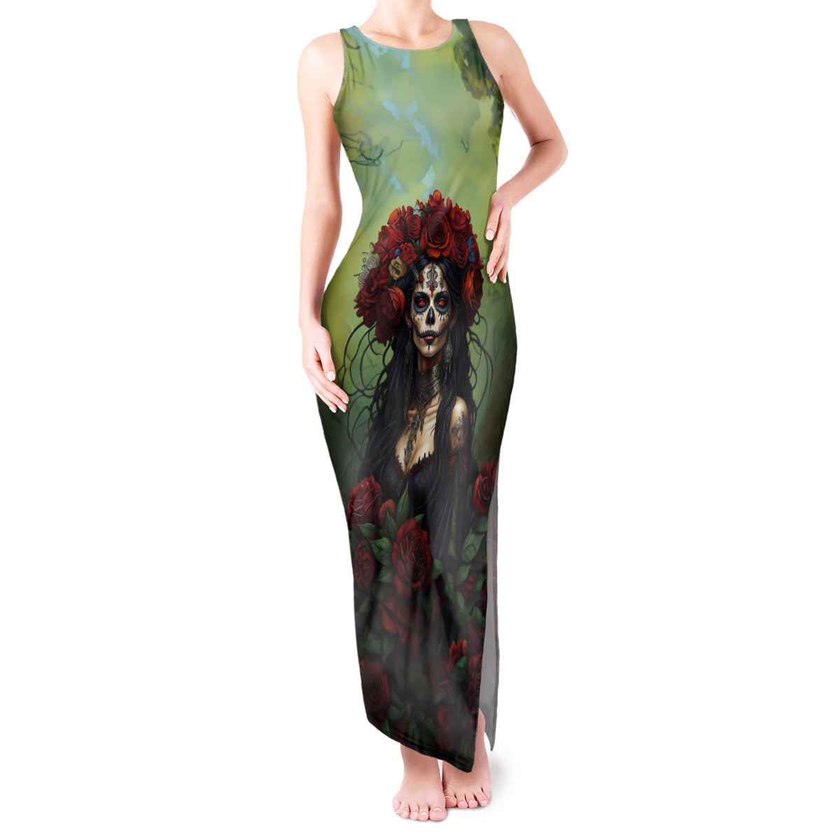 Day of Dead Lady Tank Maxi Dress Sugar Skull Rose Lady - Wonder Print Shop