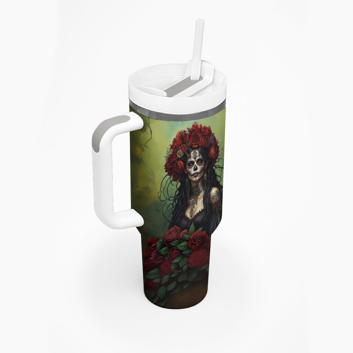 Day of Dead Lady Tumbler With Handle Sugar Skull Rose Lady - Wonder Print Shop