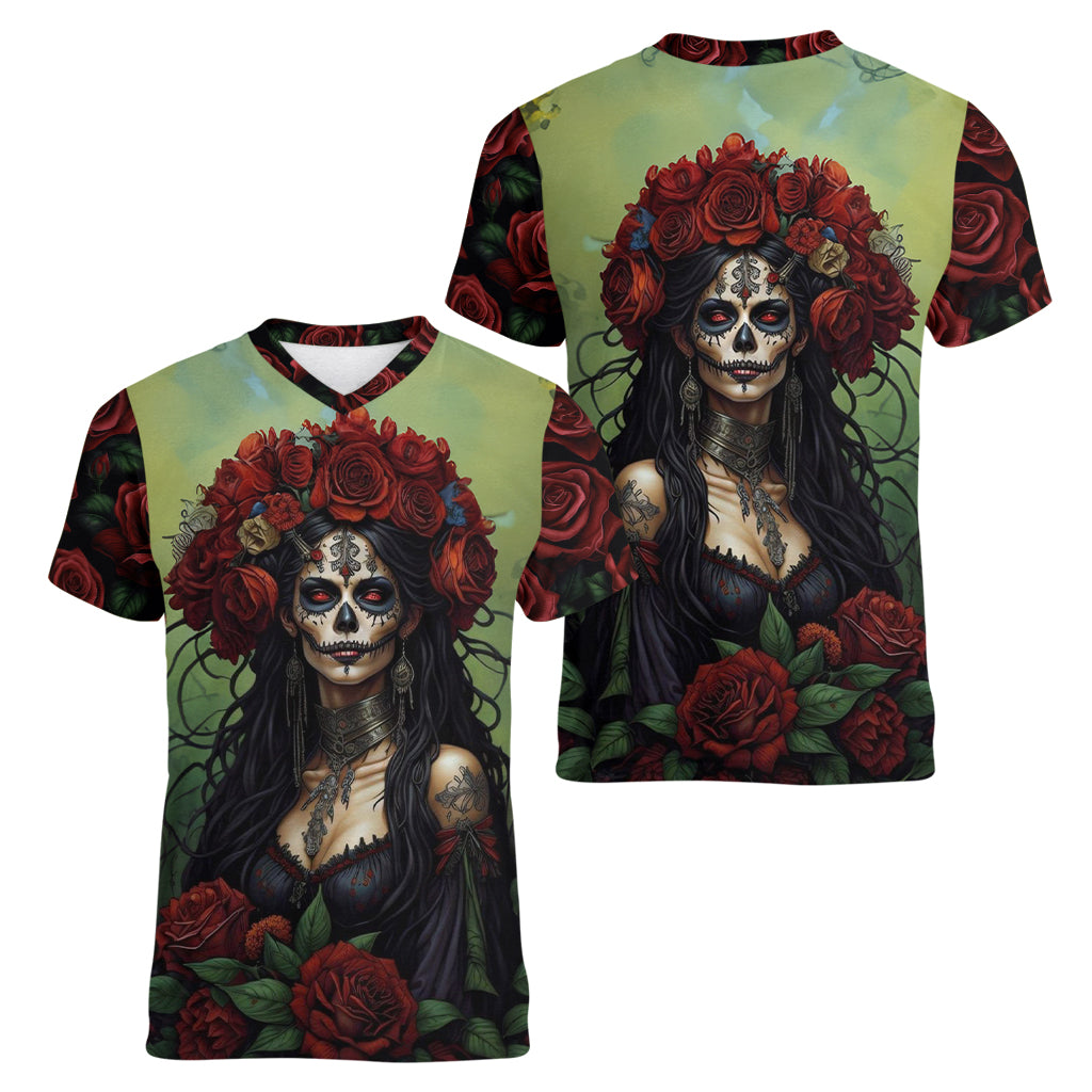 Day of Dead Lady Women V Neck T Shirt Sugar Skull Rose Lady - Wonder Print Shop