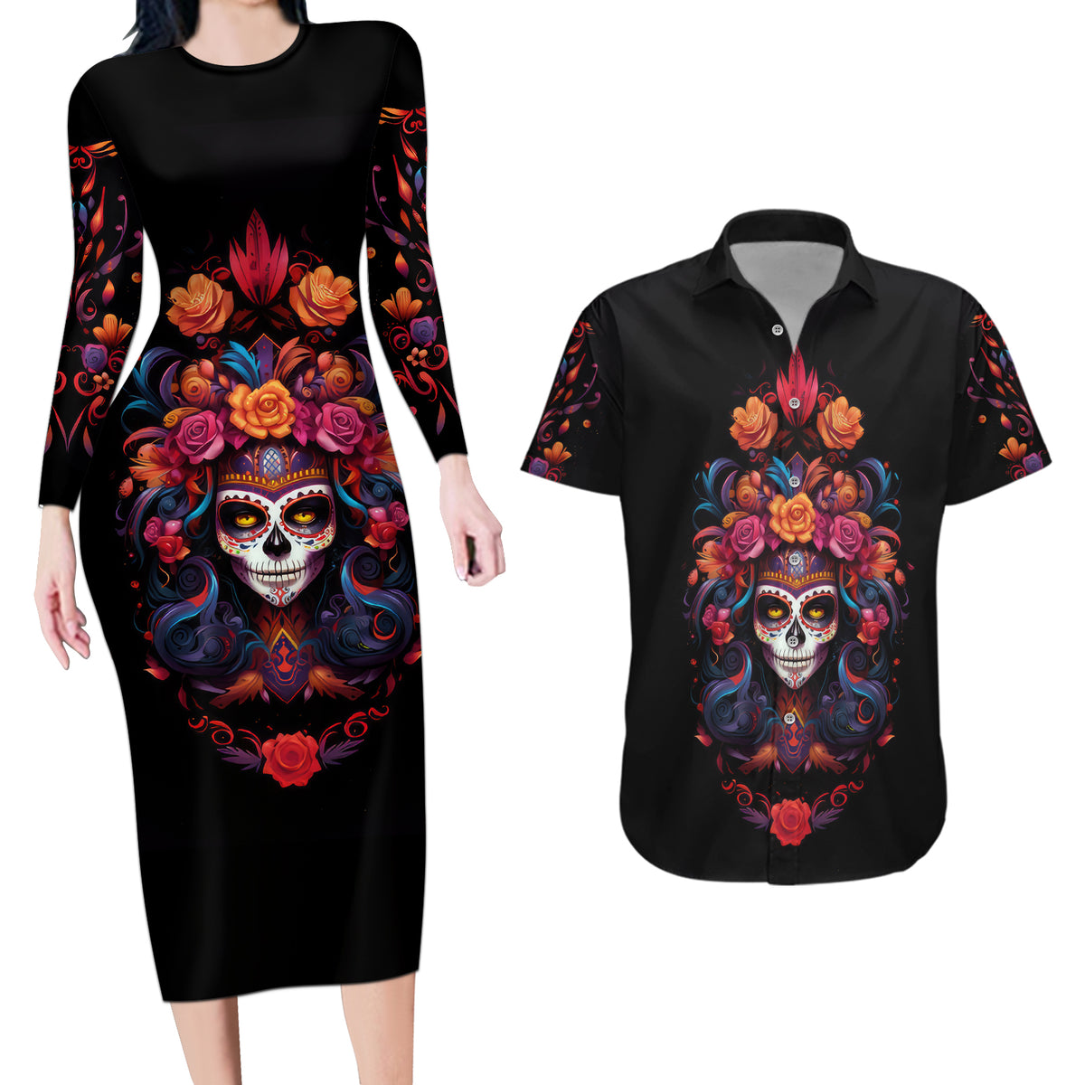 Day of Dead Skull Couples Matching Long Sleeve Bodycon Dress and Hawaiian Shirt Sugar Skull Festival Lady - Wonder Print Shop
