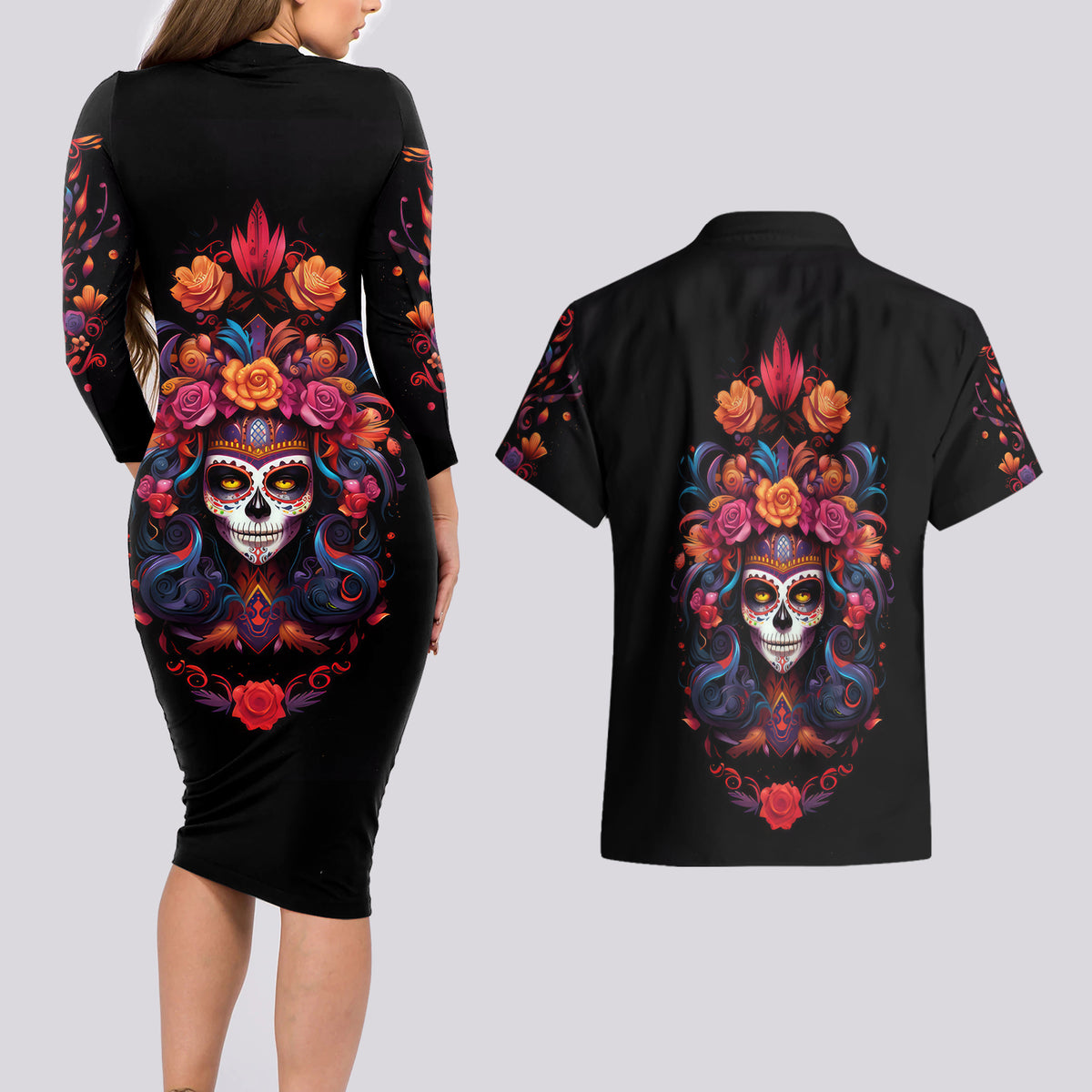 Day of Dead Skull Couples Matching Long Sleeve Bodycon Dress and Hawaiian Shirt Sugar Skull Festival Lady - Wonder Print Shop
