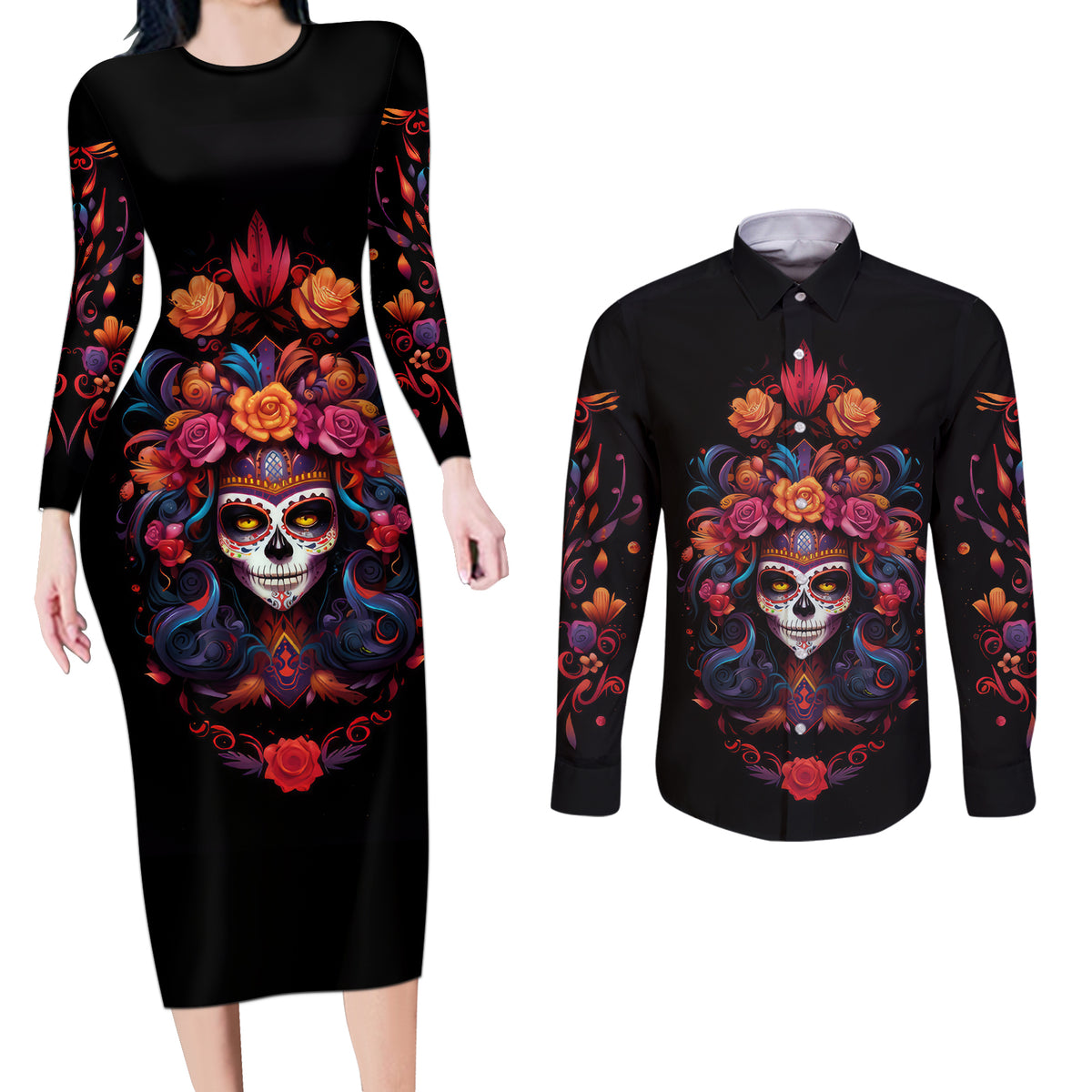 Day of Dead Skull Couples Matching Long Sleeve Bodycon Dress and Long Sleeve Button Shirt Sugar Skull Festival Lady - Wonder Print Shop