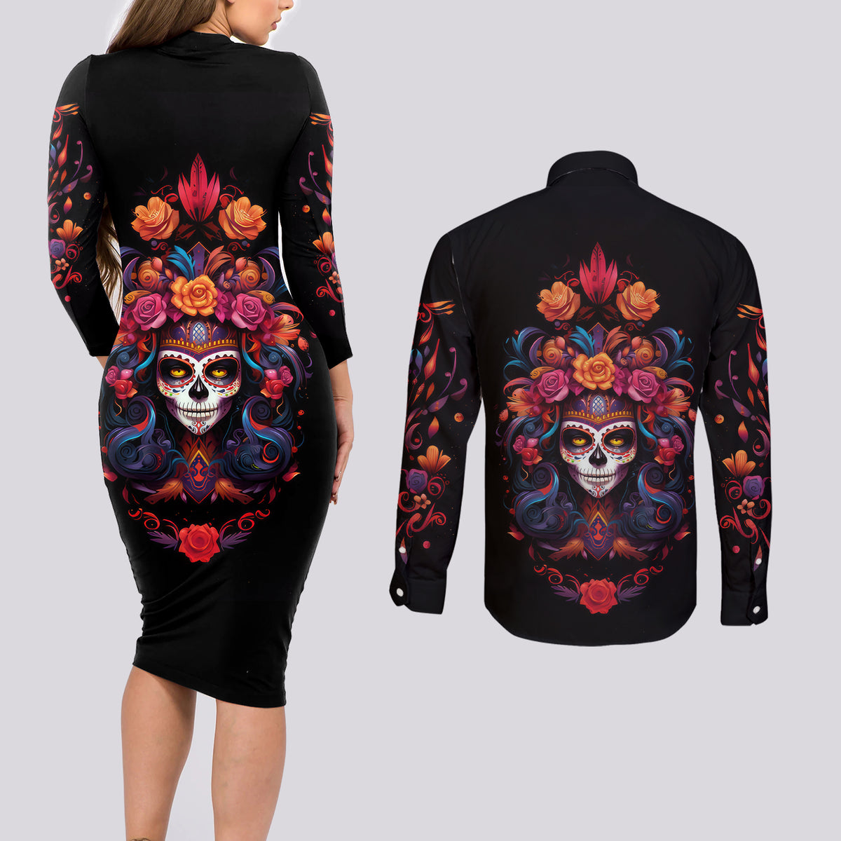 Day of Dead Skull Couples Matching Long Sleeve Bodycon Dress and Long Sleeve Button Shirt Sugar Skull Festival Lady - Wonder Print Shop