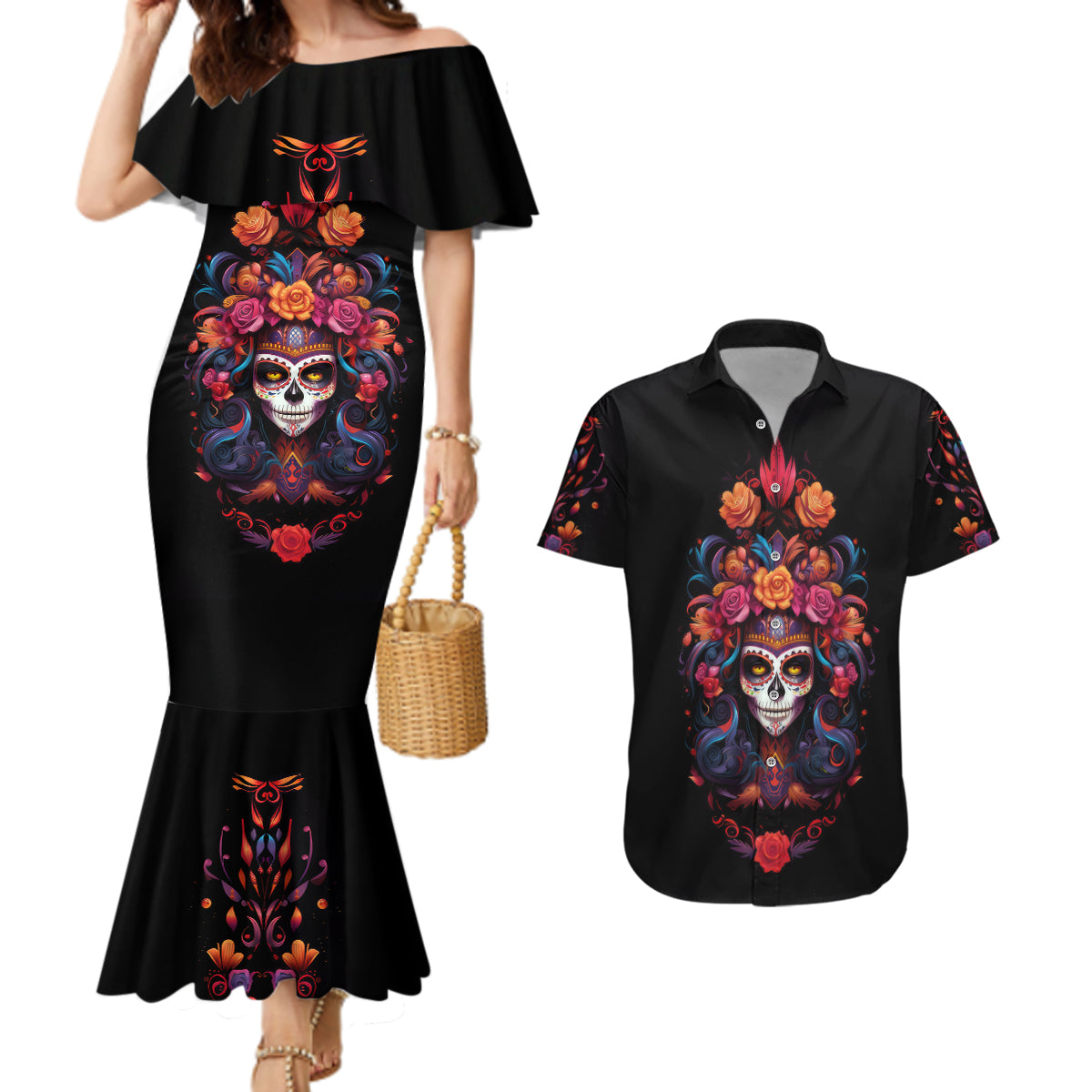 Day of Dead Skull Couples Matching Mermaid Dress and Hawaiian Shirt Sugar Skull Festival Lady - Wonder Print Shop