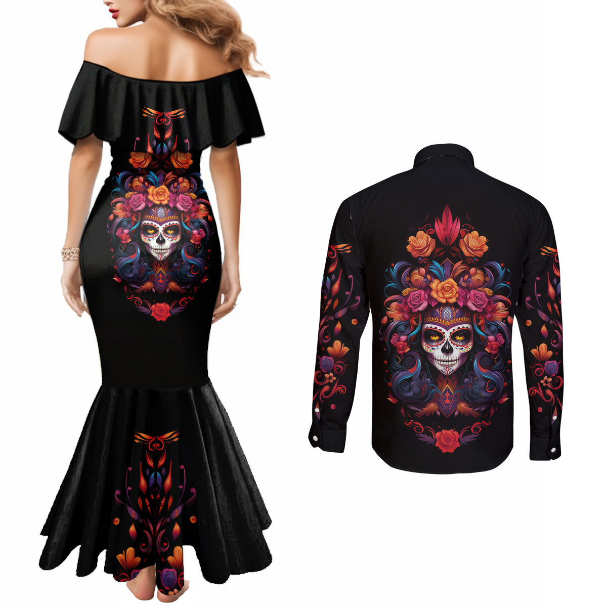 day-of-dead-skull-couples-matching-mermaid-dress-and-long-sleeve-button-shirt-sugar-skull-festival-lady
