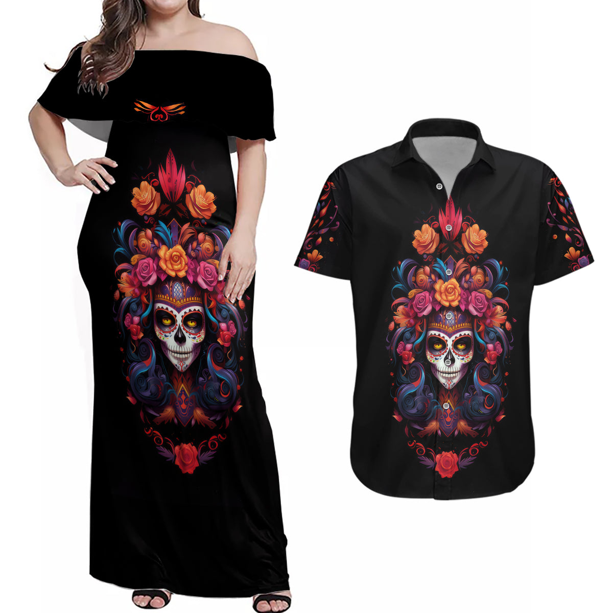 Day of Dead Skull Couples Matching Off Shoulder Maxi Dress and Hawaiian Shirt Sugar Skull Festival Lady - Wonder Print Shop