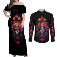 Day of Dead Skull Couples Matching Off Shoulder Maxi Dress and Long Sleeve Button Shirt Sugar Skull Festival Lady - Wonder Print Shop