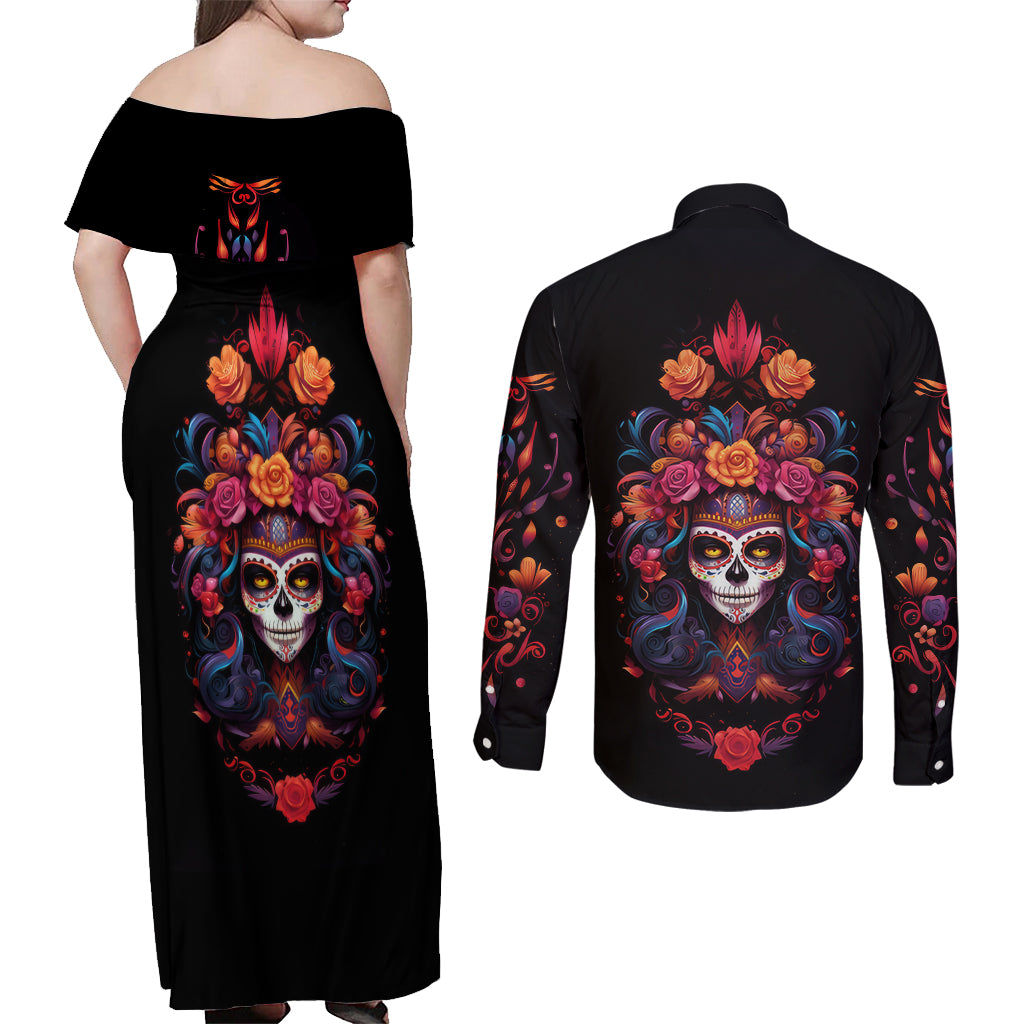 Day of Dead Skull Couples Matching Off Shoulder Maxi Dress and Long Sleeve Button Shirt Sugar Skull Festival Lady - Wonder Print Shop
