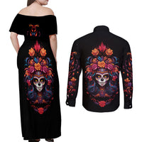 Day of Dead Skull Couples Matching Off Shoulder Maxi Dress and Long Sleeve Button Shirt Sugar Skull Festival Lady - Wonder Print Shop