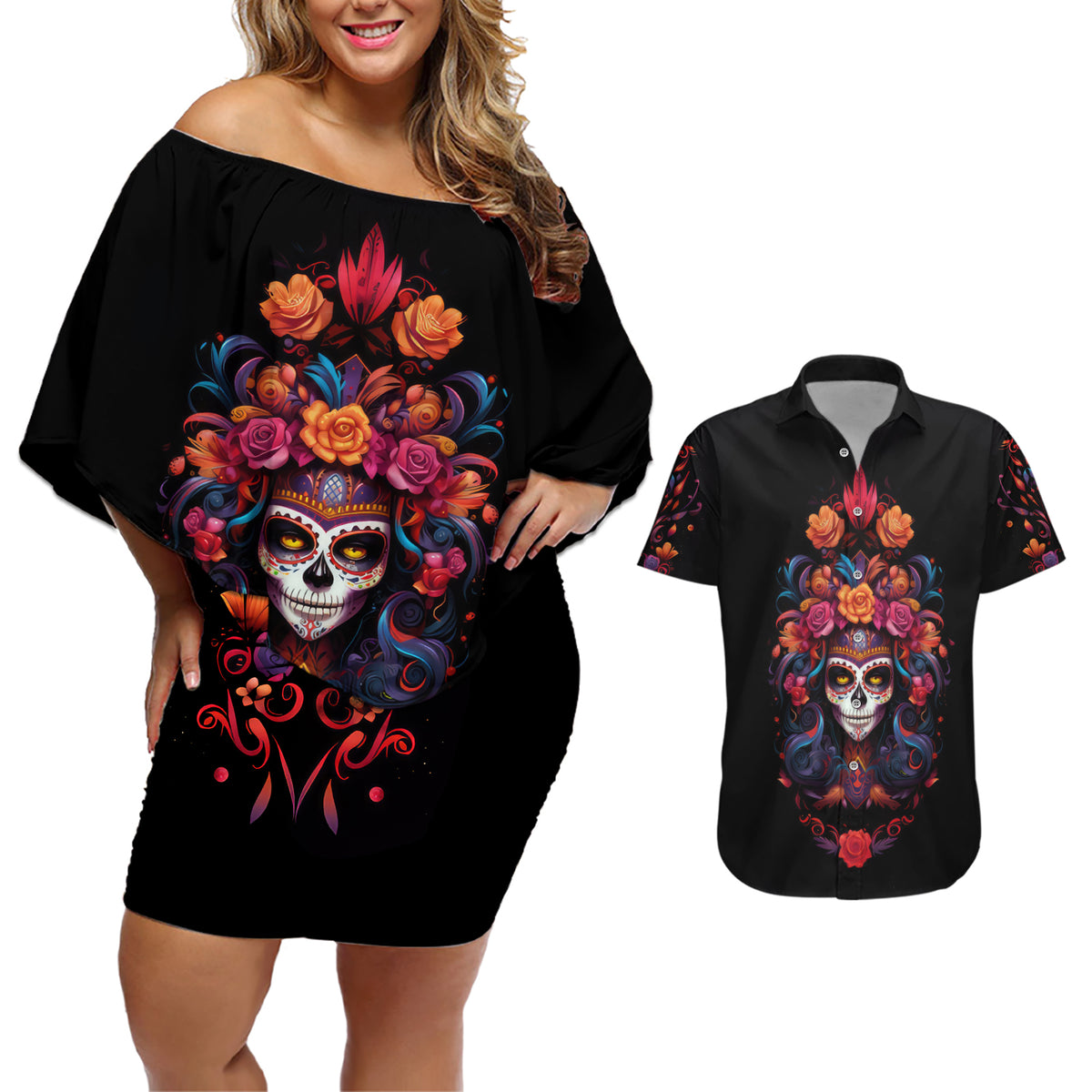 Day of Dead Skull Couples Matching Off Shoulder Short Dress and Hawaiian Shirt Sugar Skull Festival Lady - Wonder Print Shop