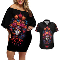 Day of Dead Skull Couples Matching Off Shoulder Short Dress and Hawaiian Shirt Sugar Skull Festival Lady - Wonder Print Shop