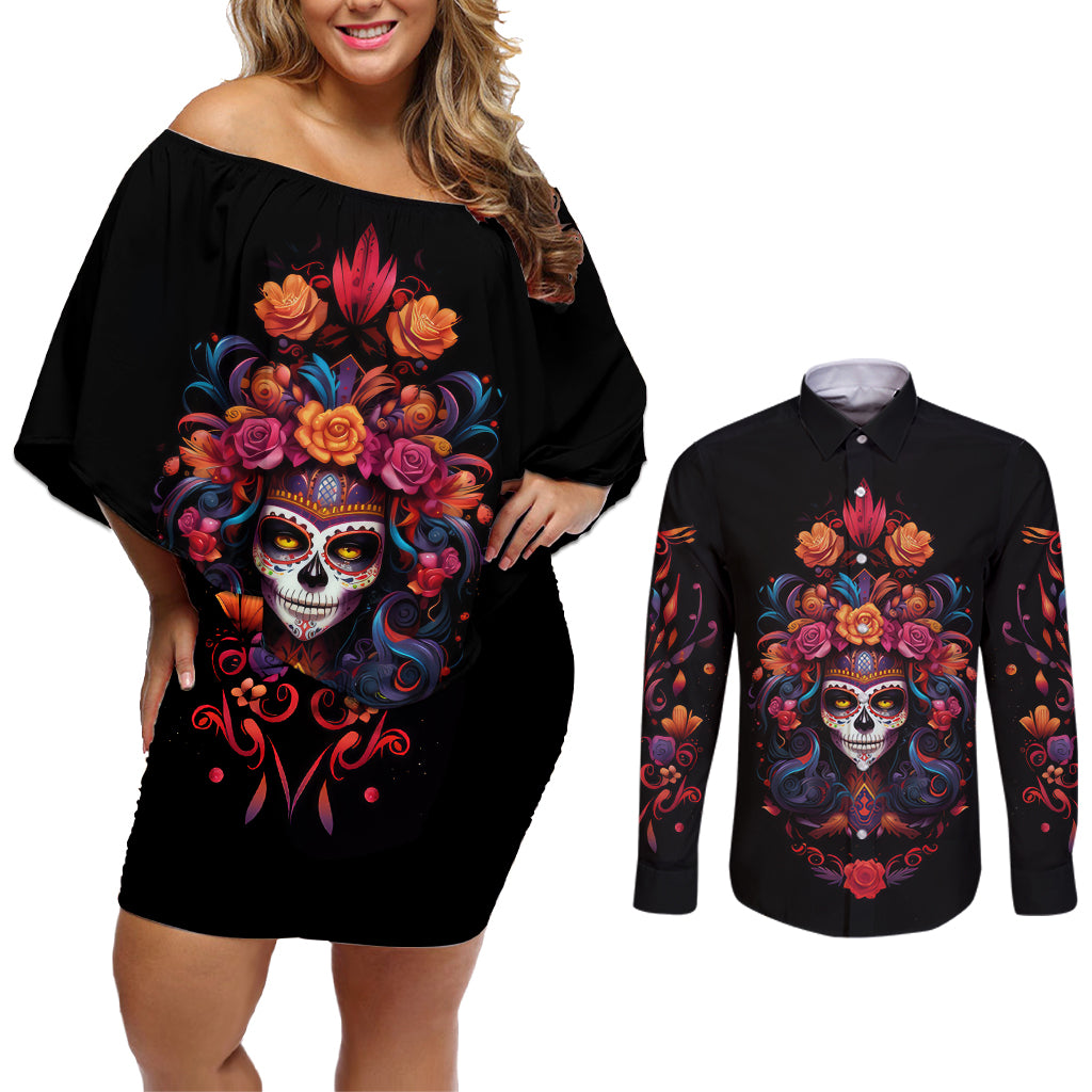 Day of Dead Skull Couples Matching Off Shoulder Short Dress and Long Sleeve Button Shirt Sugar Skull Festival Lady - Wonder Print Shop