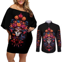 Day of Dead Skull Couples Matching Off Shoulder Short Dress and Long Sleeve Button Shirt Sugar Skull Festival Lady - Wonder Print Shop