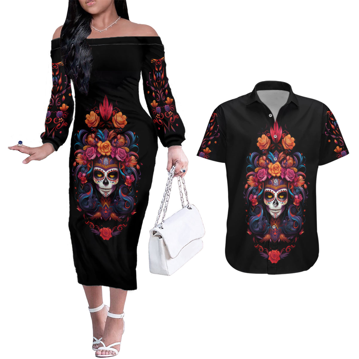 Day of Dead Skull Couples Matching Off The Shoulder Long Sleeve Dress and Hawaiian Shirt Sugar Skull Festival Lady - Wonder Print Shop