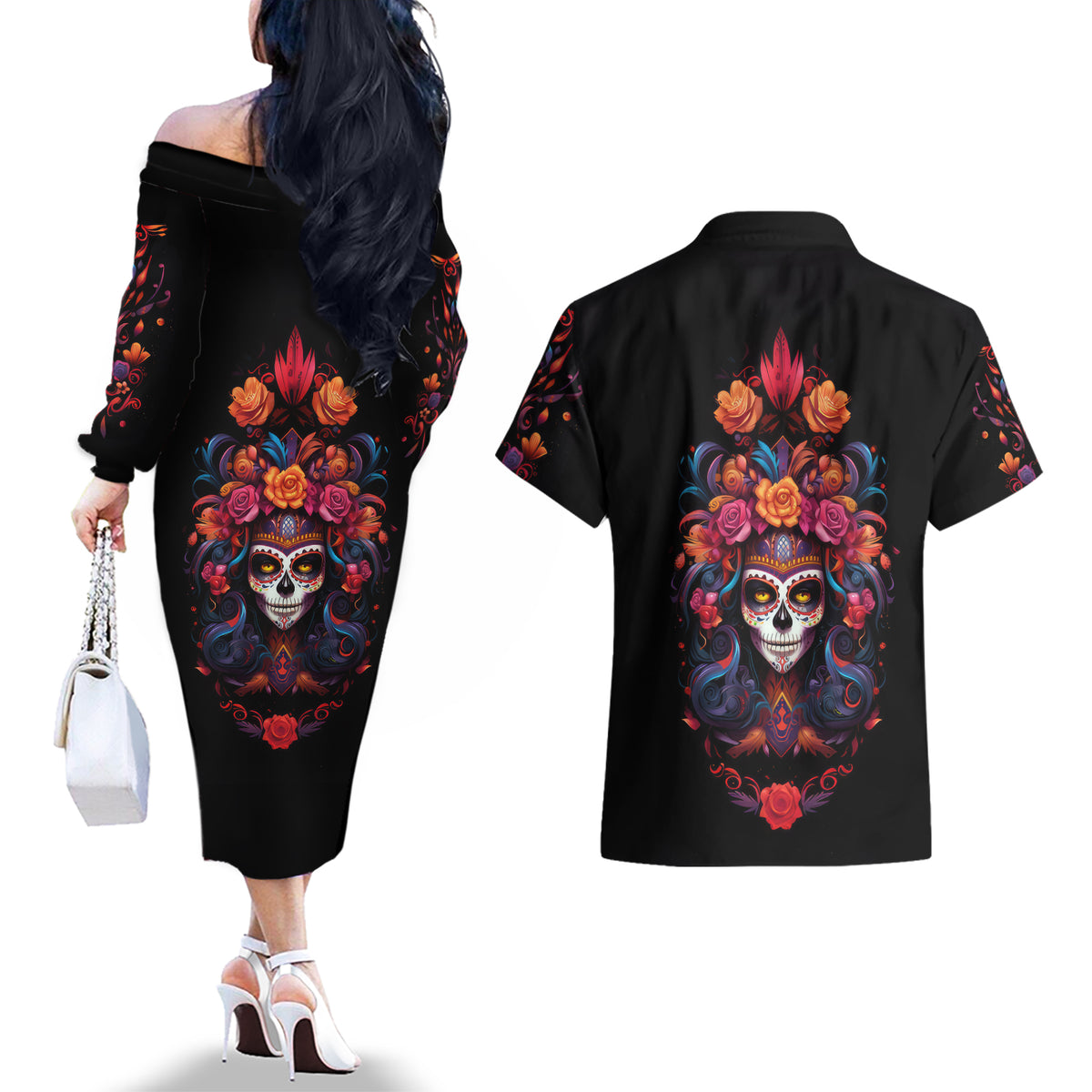 Day of Dead Skull Couples Matching Off The Shoulder Long Sleeve Dress and Hawaiian Shirt Sugar Skull Festival Lady - Wonder Print Shop