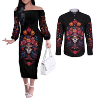 day-of-dead-skull-couples-matching-off-the-shoulder-long-sleeve-dress-and-long-sleeve-button-shirt-sugar-skull-festival-lady
