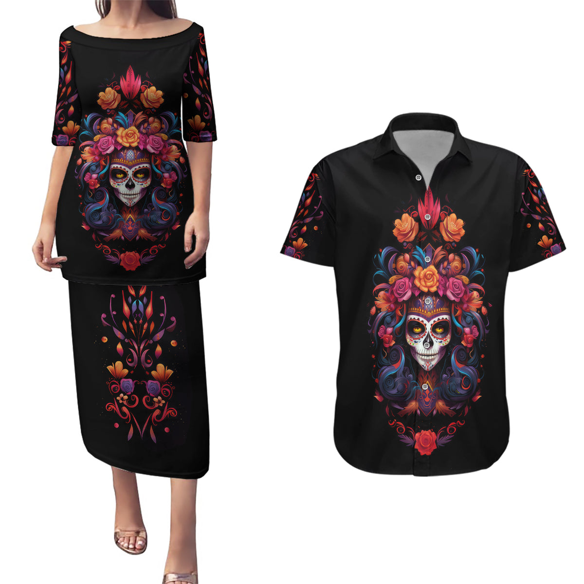 Day of Dead Skull Couples Matching Puletasi Dress and Hawaiian Shirt Sugar Skull Festival Lady - Wonder Print Shop