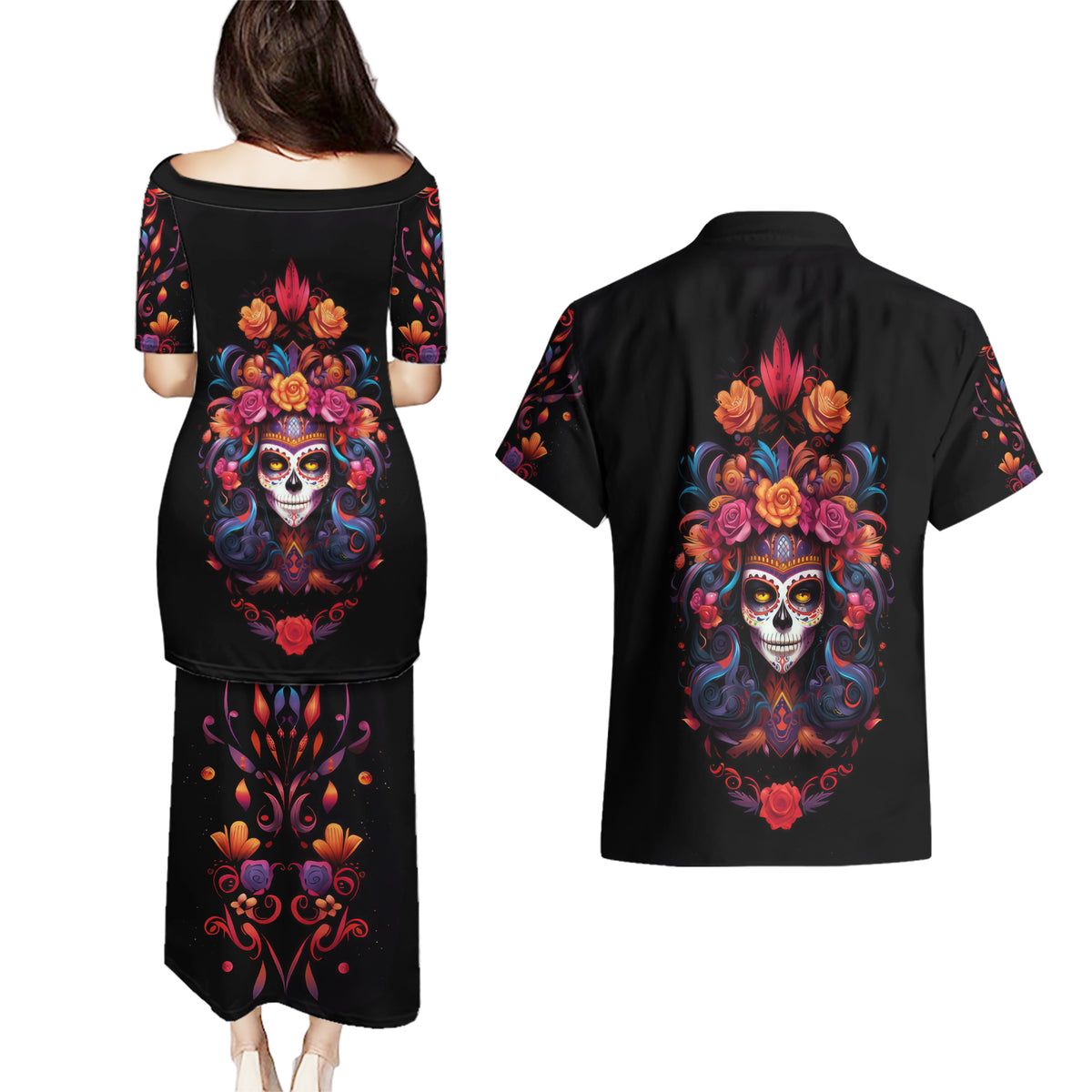 Day of Dead Skull Couples Matching Puletasi Dress and Hawaiian Shirt Sugar Skull Festival Lady - Wonder Print Shop