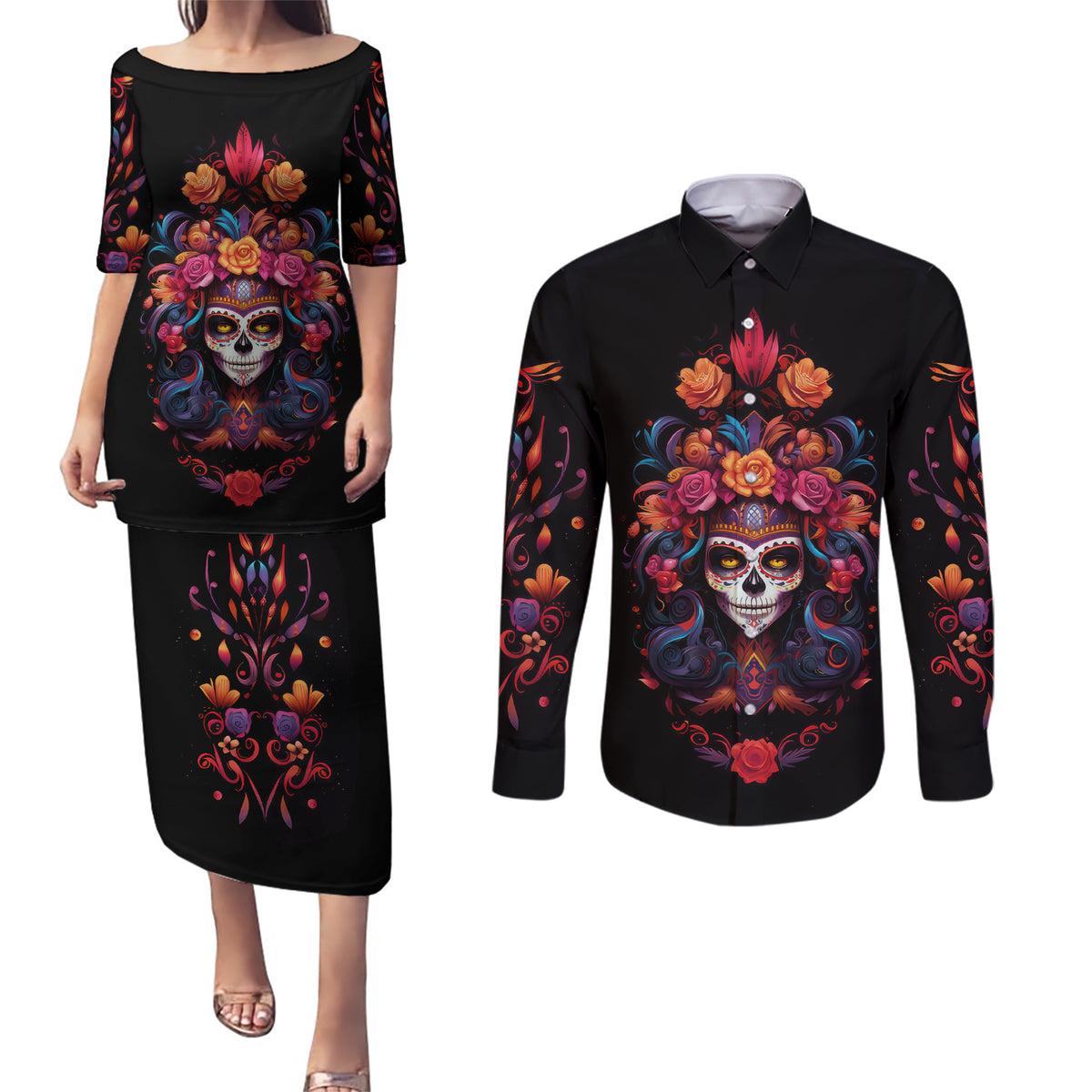 Day of Dead Skull Couples Matching Puletasi Dress and Long Sleeve Button Shirt Sugar Skull Festival Lady - Wonder Print Shop