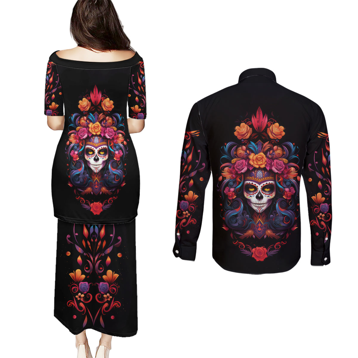 Day of Dead Skull Couples Matching Puletasi Dress and Long Sleeve Button Shirt Sugar Skull Festival Lady - Wonder Print Shop