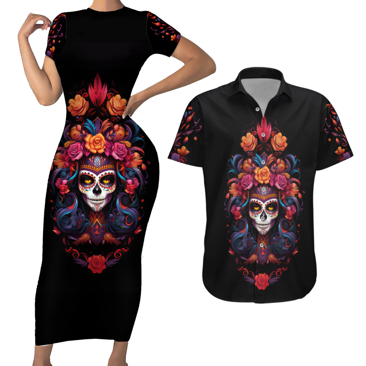 Day of Dead Skull Couples Matching Short Sleeve Bodycon Dress and Hawaiian Shirt Sugar Skull Festival Lady - Wonder Print Shop