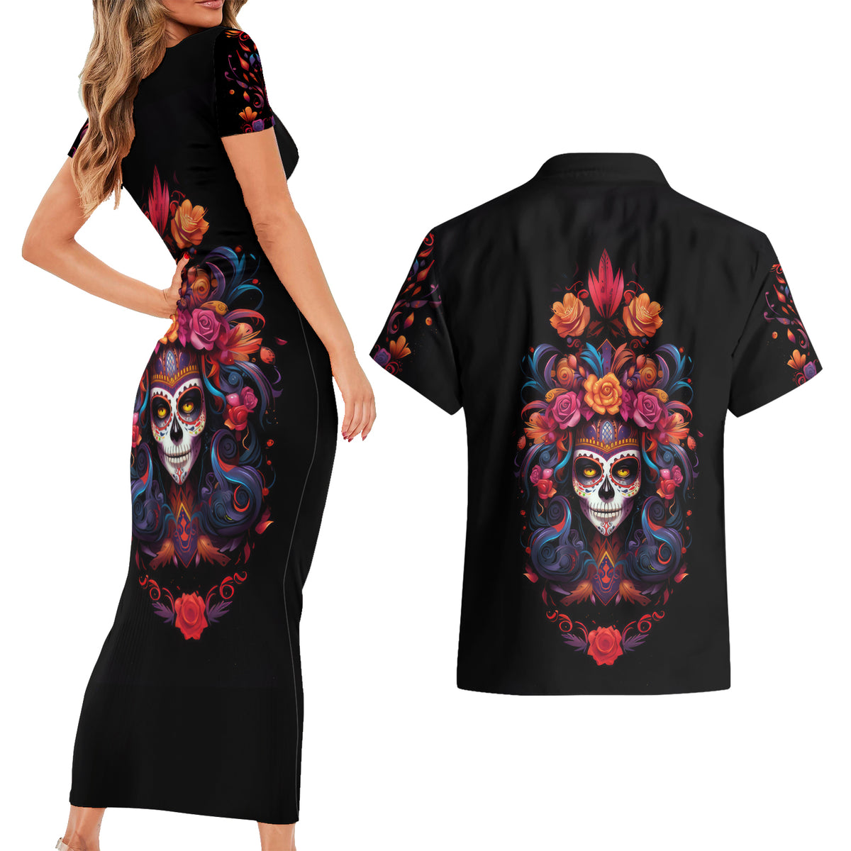 Day of Dead Skull Couples Matching Short Sleeve Bodycon Dress and Hawaiian Shirt Sugar Skull Festival Lady - Wonder Print Shop