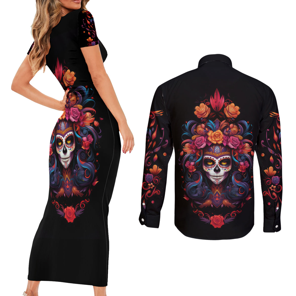Day of Dead Skull Couples Matching Short Sleeve Bodycon Dress and Long Sleeve Button Shirt Sugar Skull Festival Lady - Wonder Print Shop