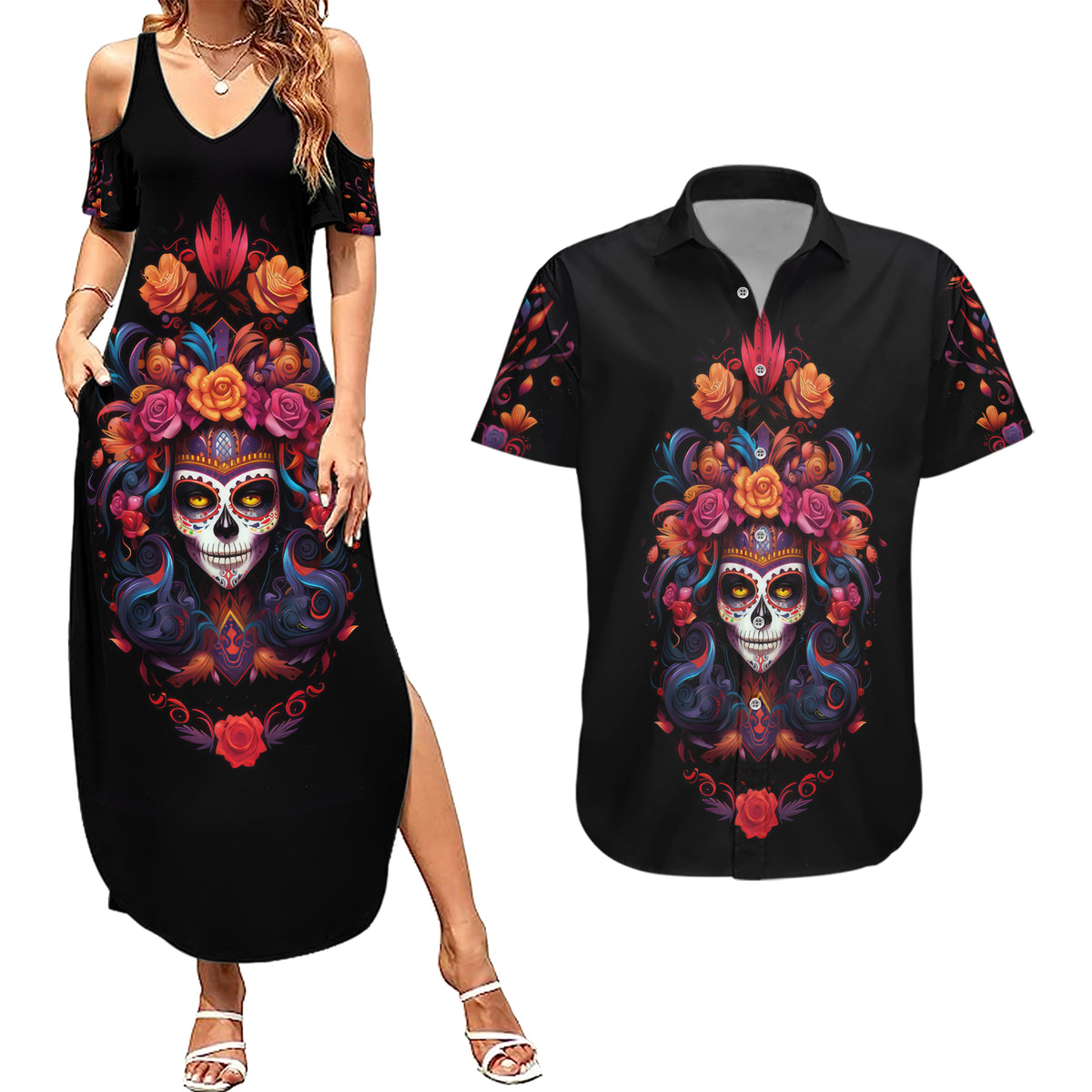 Day of Dead Skull Couples Matching Summer Maxi Dress and Hawaiian Shirt Sugar Skull Festival Lady - Wonder Print Shop