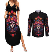 Day of Dead Skull Couples Matching Summer Maxi Dress and Long Sleeve Button Shirt Sugar Skull Festival Lady - Wonder Print Shop