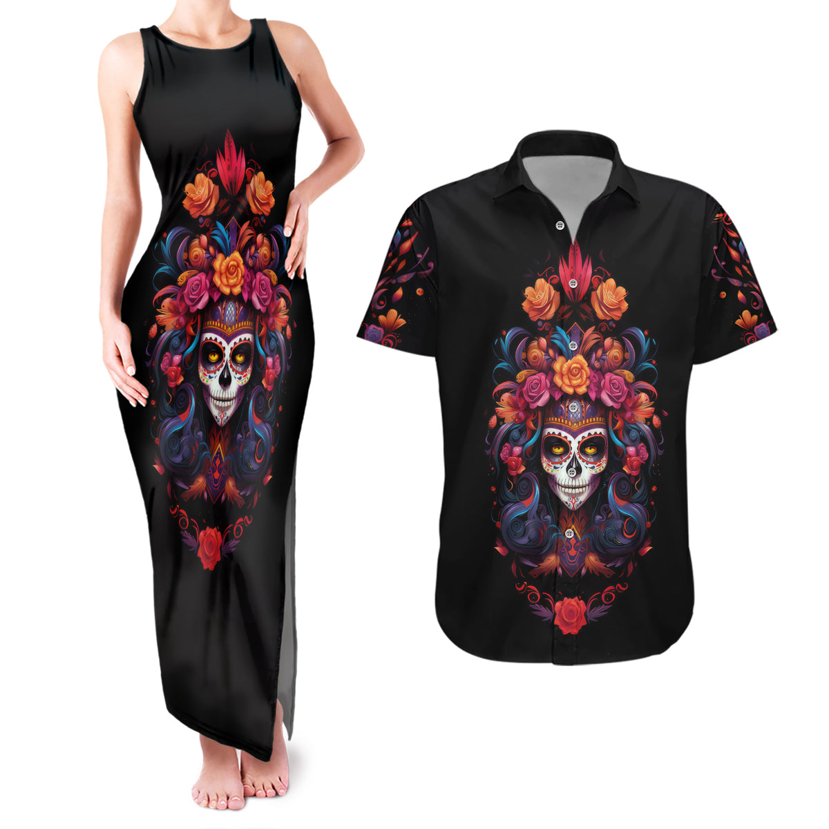 Day of Dead Skull Couples Matching Tank Maxi Dress and Hawaiian Shirt Sugar Skull Festival Lady - Wonder Print Shop