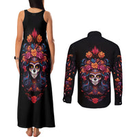 Day of Dead Skull Couples Matching Tank Maxi Dress and Long Sleeve Button Shirt Sugar Skull Festival Lady - Wonder Print Shop