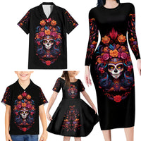 Day of Dead Skull Family Matching Long Sleeve Bodycon Dress and Hawaiian Shirt Sugar Skull Festival Lady - Wonder Print Shop