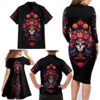 Day of Dead Skull Family Matching Long Sleeve Bodycon Dress and Hawaiian Shirt Sugar Skull Festival Lady - Wonder Print Shop