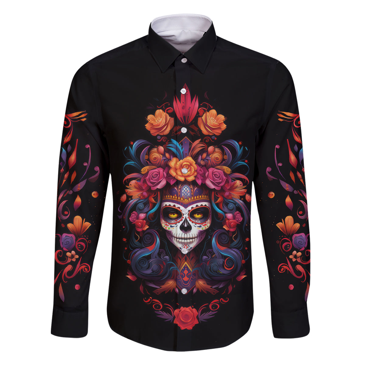 Day of Dead Skull Family Matching Long Sleeve Bodycon Dress and Hawaiian Shirt Sugar Skull Festival Lady - Wonder Print Shop