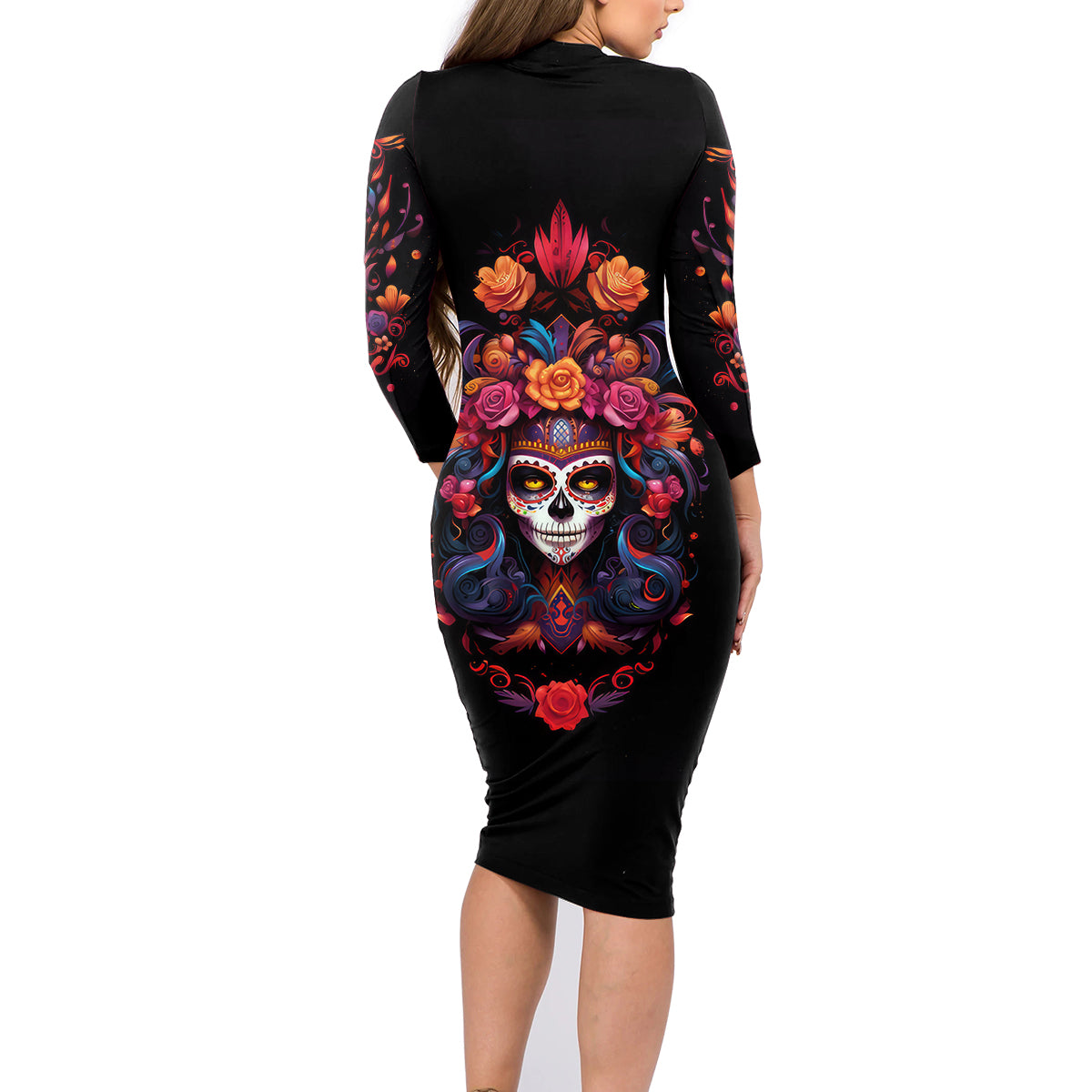 Day of Dead Skull Family Matching Long Sleeve Bodycon Dress and Hawaiian Shirt Sugar Skull Festival Lady - Wonder Print Shop