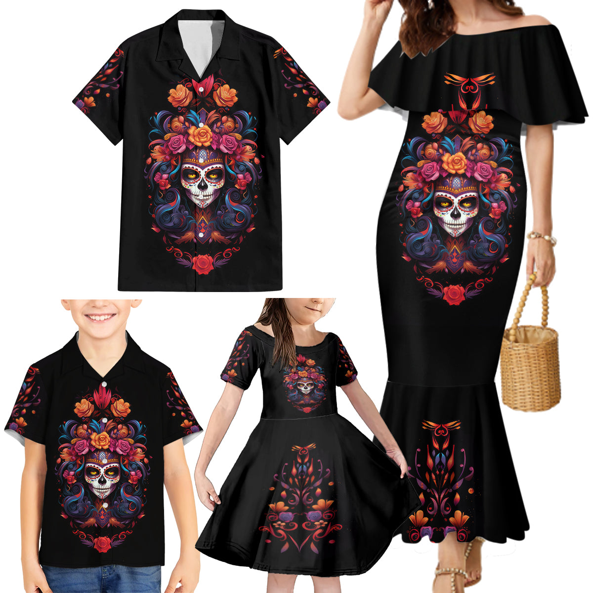 Day of Dead Skull Family Matching Mermaid Dress and Hawaiian Shirt Sugar Skull Festival Lady - Wonder Print Shop