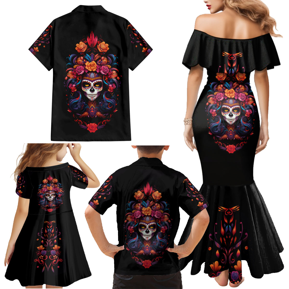 Day of Dead Skull Family Matching Mermaid Dress and Hawaiian Shirt Sugar Skull Festival Lady - Wonder Print Shop