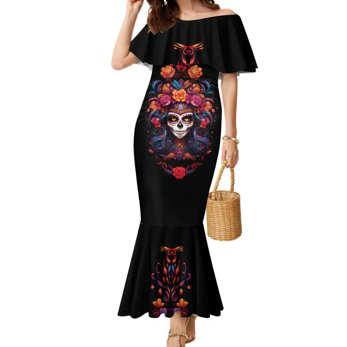 Day of Dead Skull Family Matching Mermaid Dress and Hawaiian Shirt Sugar Skull Festival Lady - Wonder Print Shop