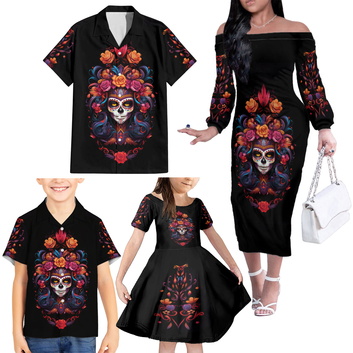 Day of Dead Skull Family Matching Off Shoulder Long Sleeve Dress and Hawaiian Shirt Sugar Skull Festival Lady - Wonder Print Shop