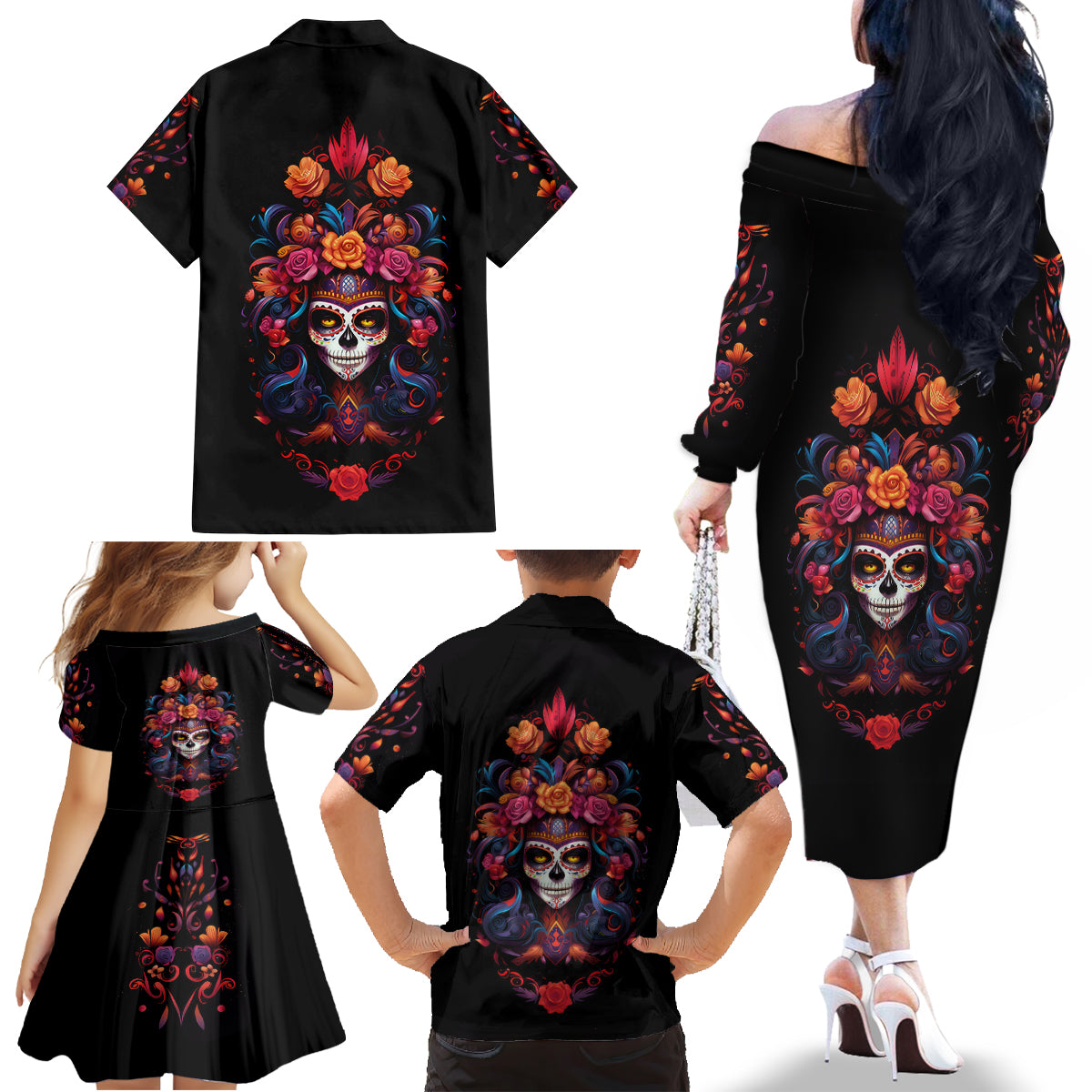 Day of Dead Skull Family Matching Off Shoulder Long Sleeve Dress and Hawaiian Shirt Sugar Skull Festival Lady - Wonder Print Shop