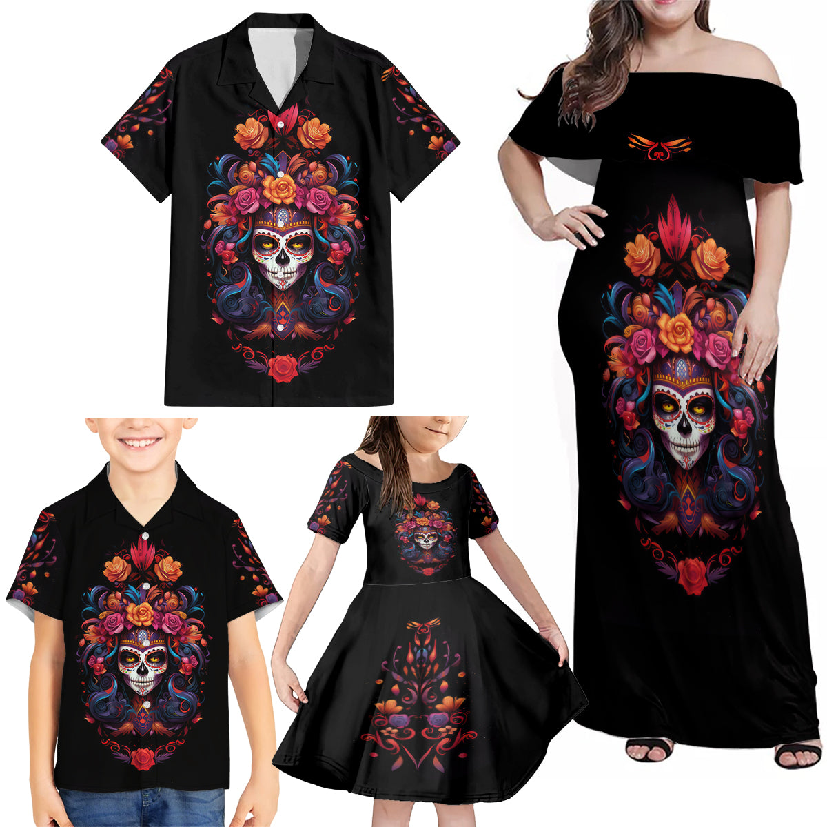Day of Dead Skull Family Matching Off Shoulder Maxi Dress and Hawaiian Shirt Sugar Skull Festival Lady - Wonder Print Shop