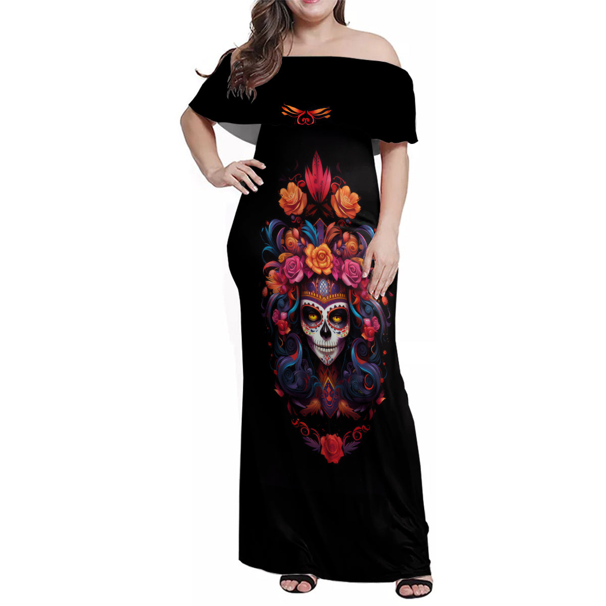 Day of Dead Skull Family Matching Off Shoulder Maxi Dress and Hawaiian Shirt Sugar Skull Festival Lady - Wonder Print Shop