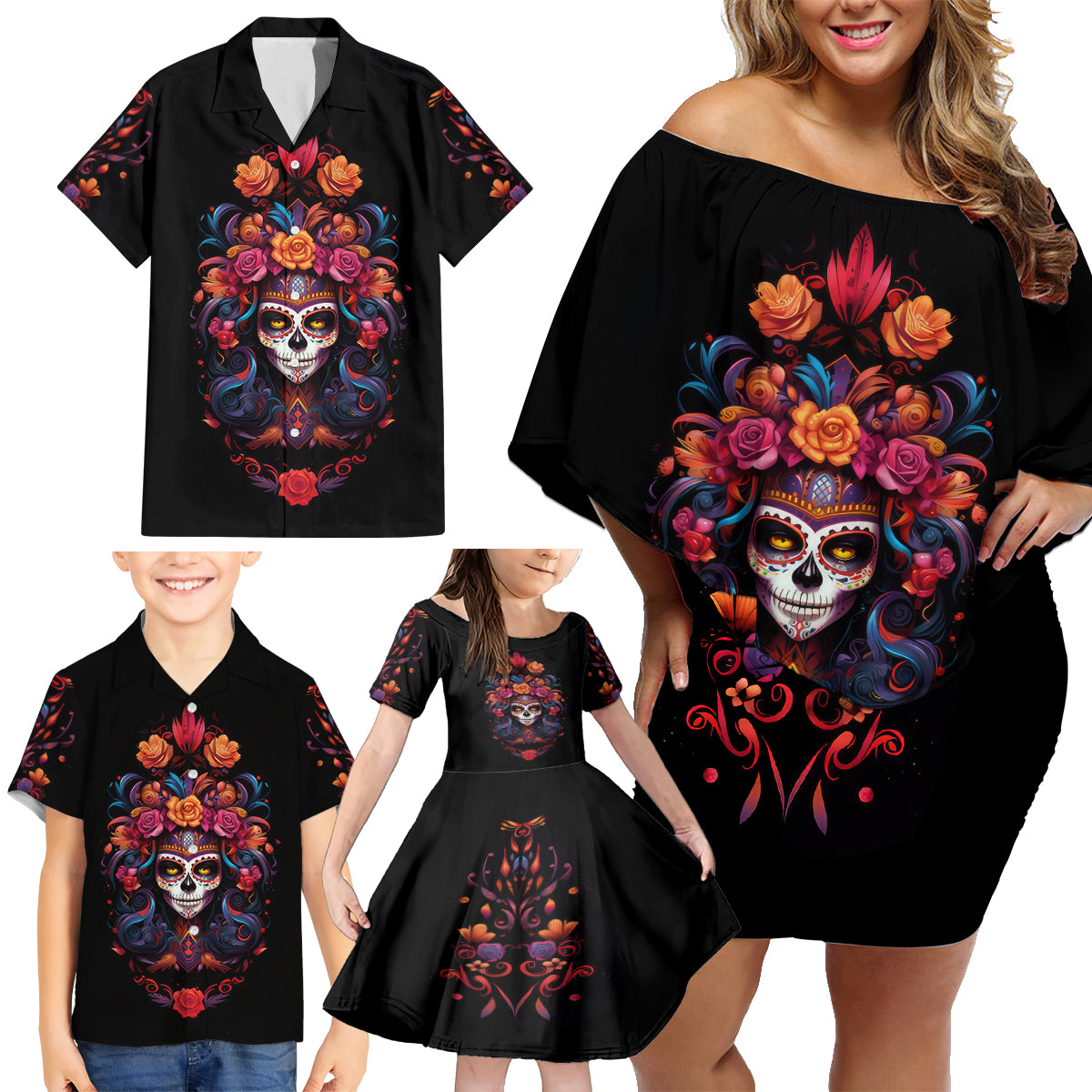 Day of Dead Skull Family Matching Off Shoulder Short Dress and Hawaiian Shirt Sugar Skull Festival Lady - Wonder Print Shop