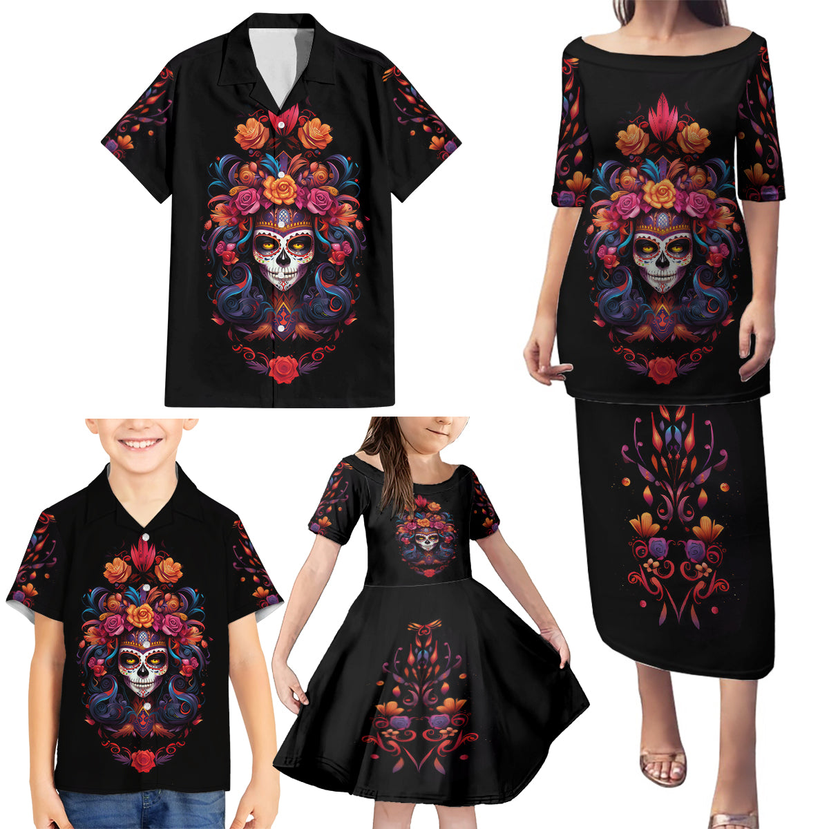Day of Dead Skull Family Matching Puletasi Dress and Hawaiian Shirt Sugar Skull Festival Lady - Wonder Print Shop