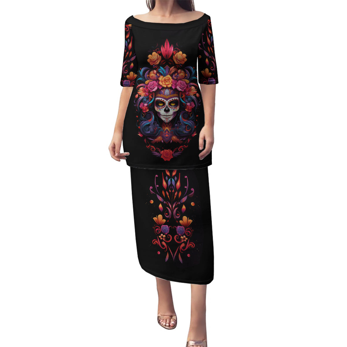 Day of Dead Skull Family Matching Puletasi Dress and Hawaiian Shirt Sugar Skull Festival Lady - Wonder Print Shop